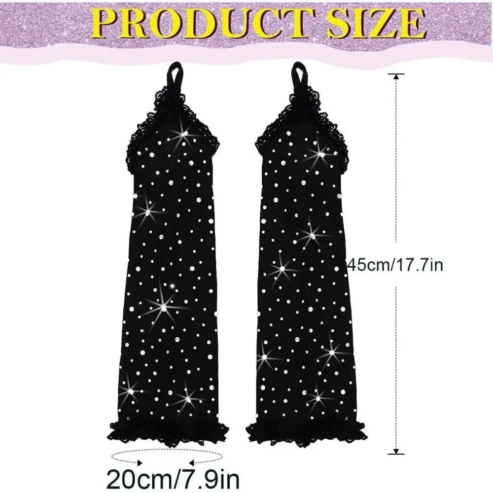 Women's Dazzling Rhinestone Fabric Fingerless Black Formal Long Gloves Style